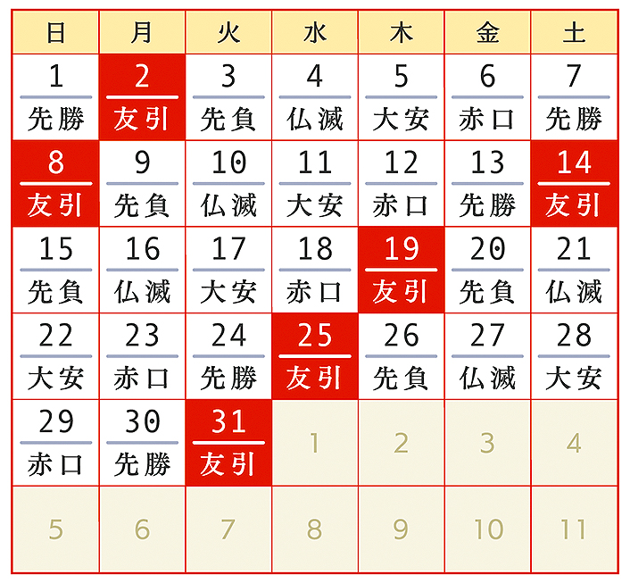 2026年3月、令和8年3月友引カレンダー